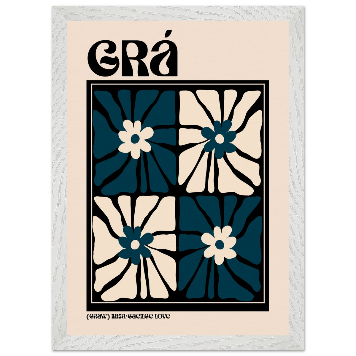 Grá Irish language love print — navy and cream floral design for modern interiors