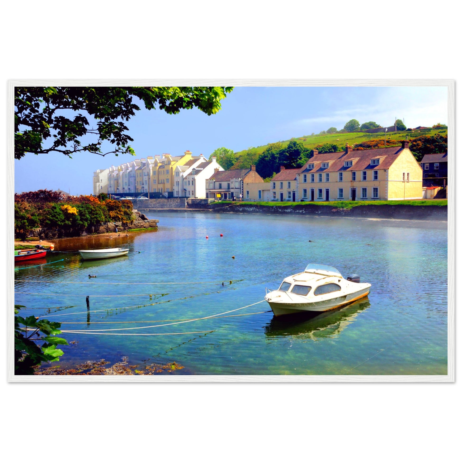 Cushendun Coastal View: Serene sunrise over the Northern Irish coast, framed in rustic wood. Captures the beauty of sea and sky.