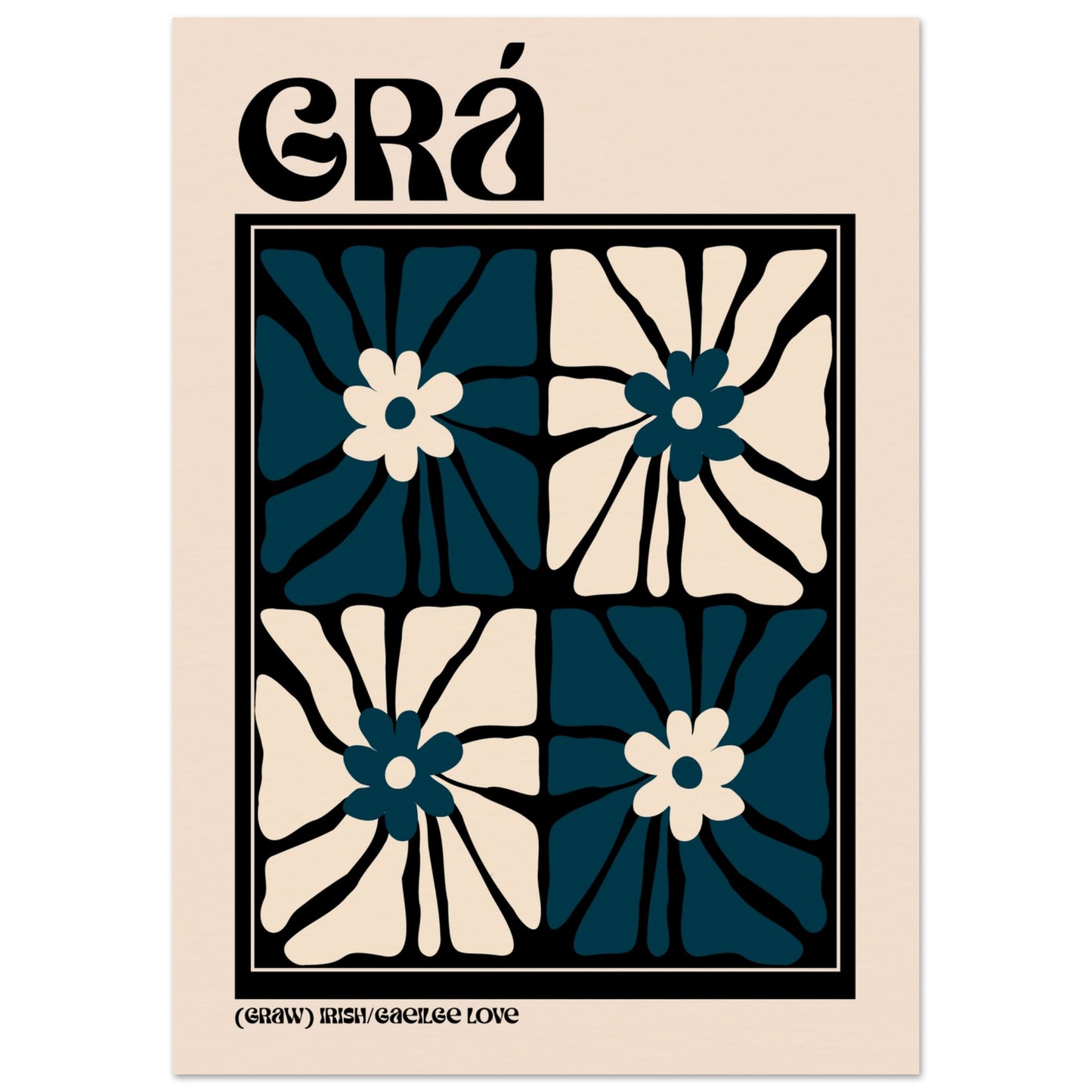 Grá as Gaeilge print — Irish 'love' wall art in deep navy, cream and black
