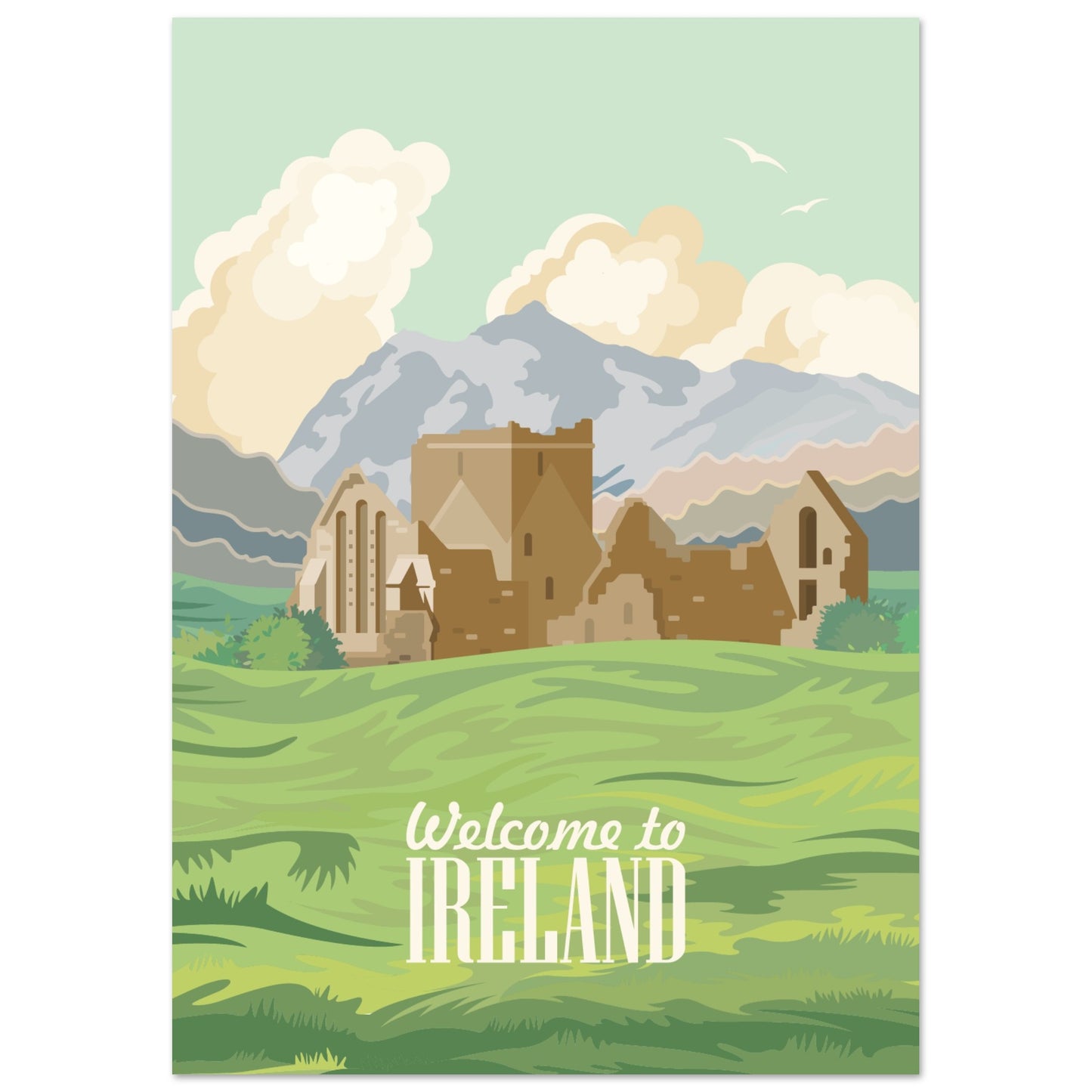 A3 unframed “Welcome to Ireland” travel poster with illustrated Irish landscape and castle ruins.