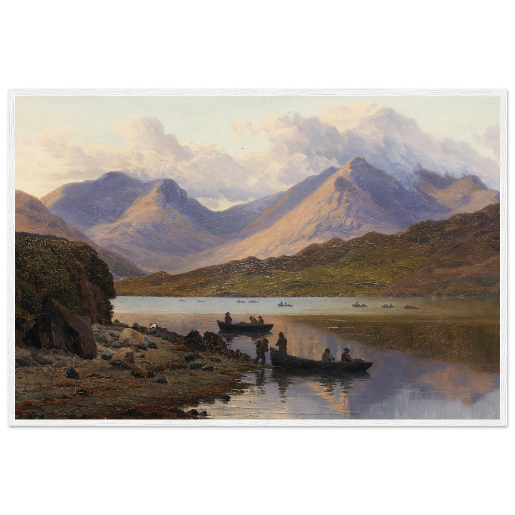 Irish landscape art print of A View of the Killaries, from Leenane – framed museum-quality reproduction depicting fishermen on Killary Fjord with Mweelrea mountain in the background. 60x90cm White Framed Print Buy Irish Art