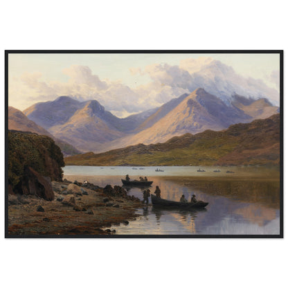 Scenic painting of a lake with mountains and people in boats. Framed museum-quality print of A View of the Killaries, from Leenane by Bartholomew Colles Watkins, capturing Ireland’s scenic fjord, tranquil waters, and rugged Connemara mountains