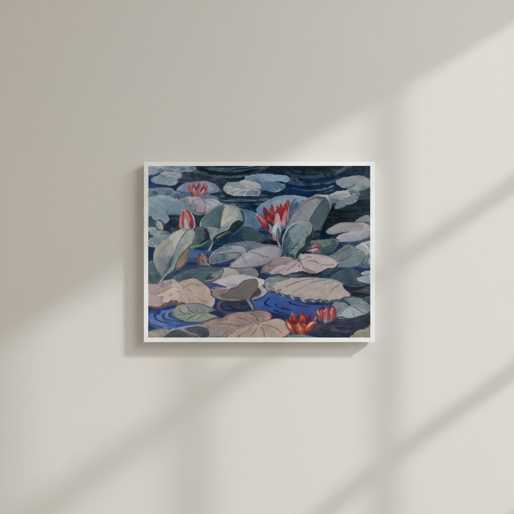 A Water-Lily Pond (c.1919) by Mainie Jellett unframed fine art print, clean straight-on view, artwork printed on thick matte museum paper with subtle texture, no frame, no borders, displayed on a smooth neutral gallery wall, soft diffused daylight, minimal shadows, luxury museum aesthetic.
