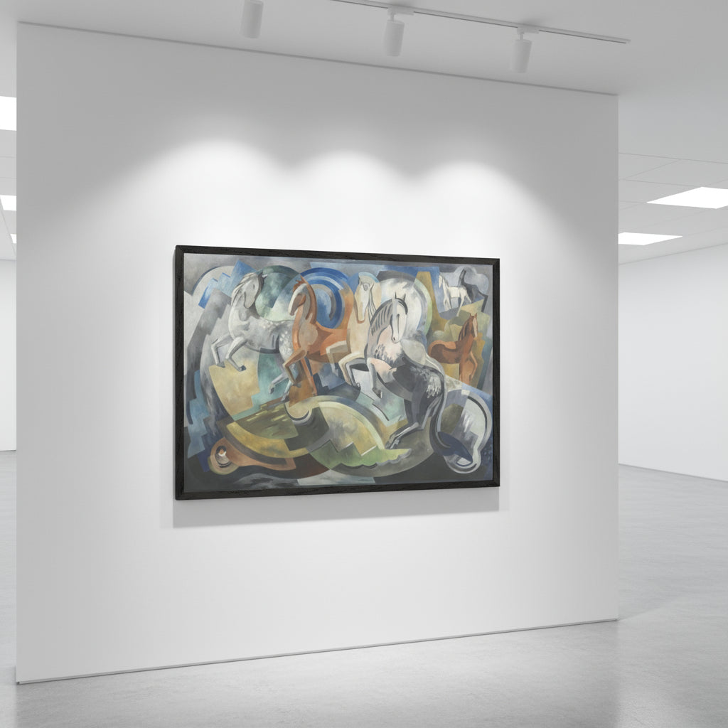 Achill Horses by Mainie Jellett in a black gallery frame, spotlighted in a modern gallery-style hallway; white walls, polished concrete floor, directional ceiling lights, dramatic contrast.
