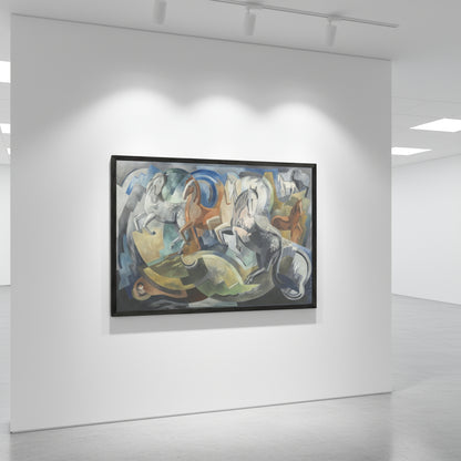 Achill Horses by Mainie Jellett in a black gallery frame, spotlighted in a modern gallery-style hallway; white walls, polished concrete floor, directional ceiling lights, dramatic contrast.

