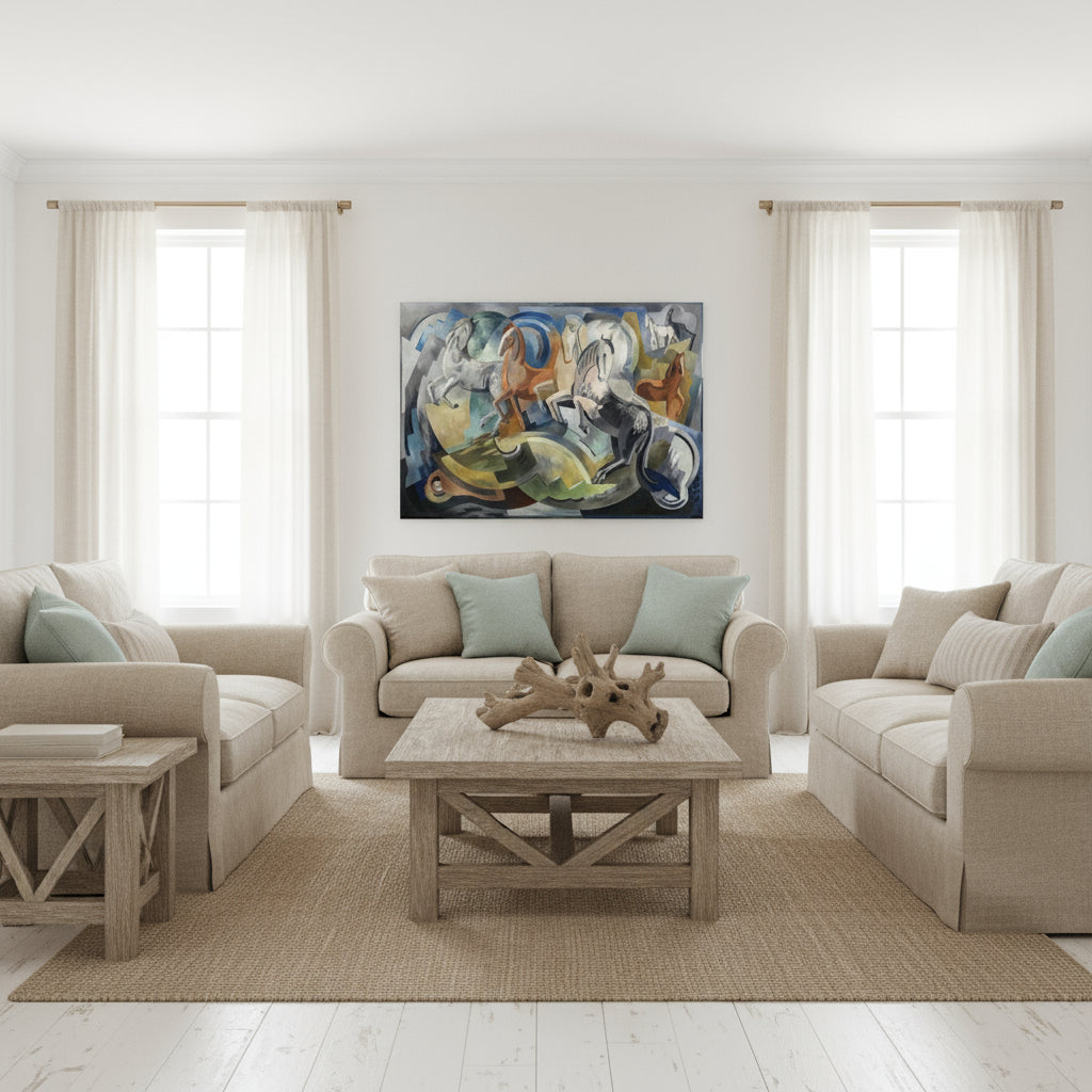 Achill Horses framed artwork in coastal Irish interior with whitewashed walls
