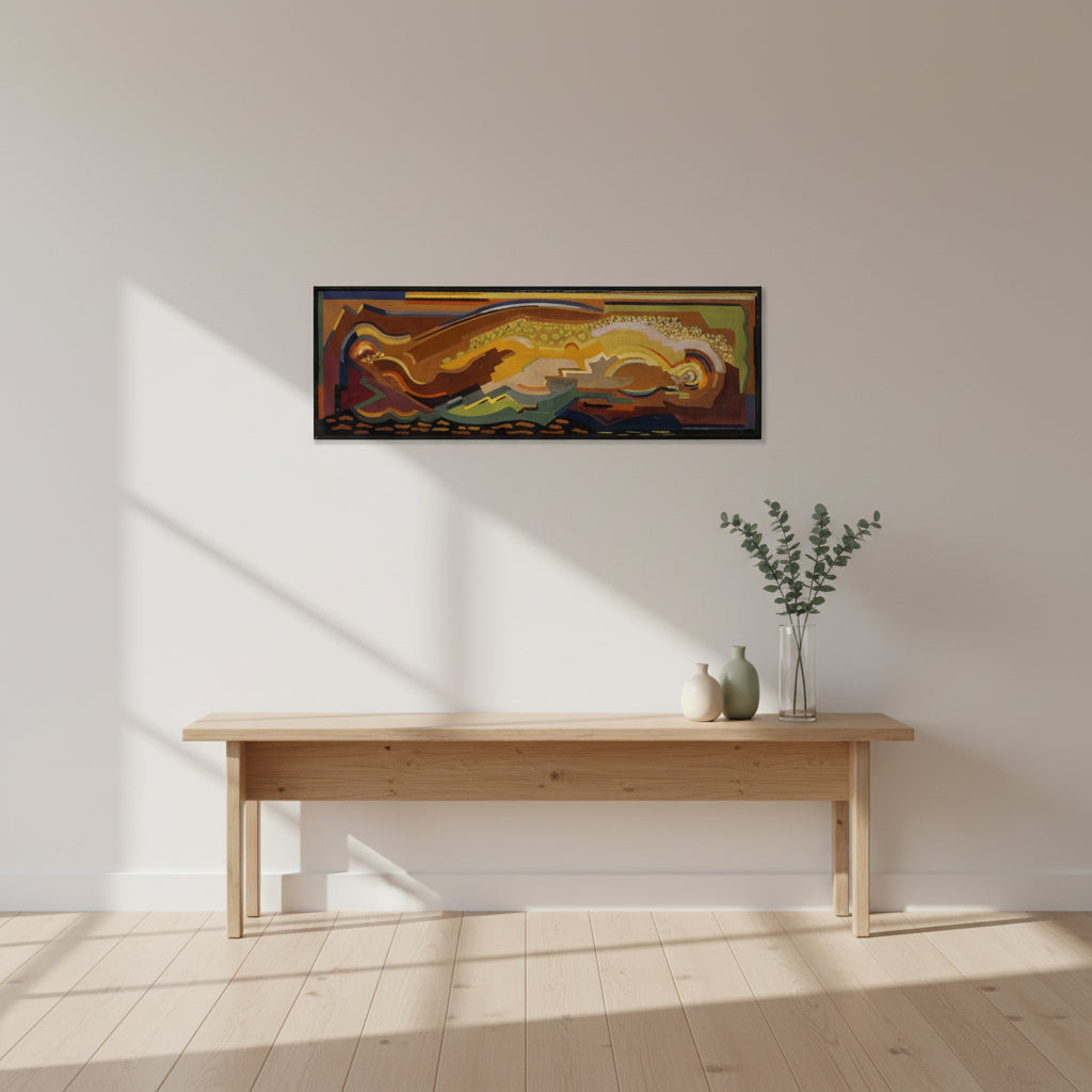 An Abstract CompositionvArtist: Mainie Jellett, 1897-1944 canvas print above a minimalist console table in a bright apartment, soft morning light, neutral colour palette, modern ceramics, eucalyptus stems in glass vase, Scandinavian–Irish interior styling, matte canvas texture visible.