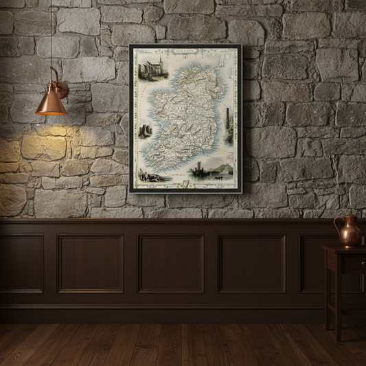 Vintage Ireland map in black frame on exposed stone wall, warm amber lighting, dark wood wainscoting and copper accents