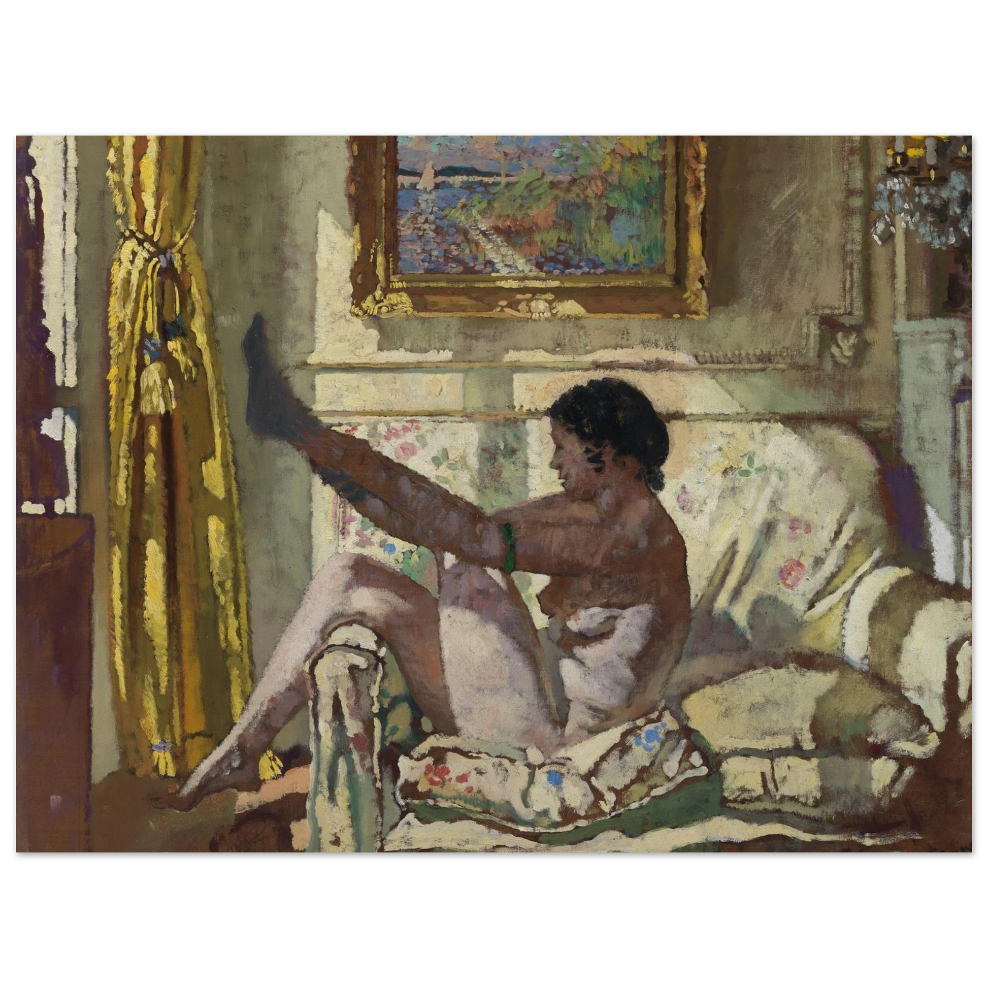 Archival art print of William Orpen’s Sunlight, nude woman adjusting stocking on floral sofa, Monet painting in background, 30x40 cm unframed.