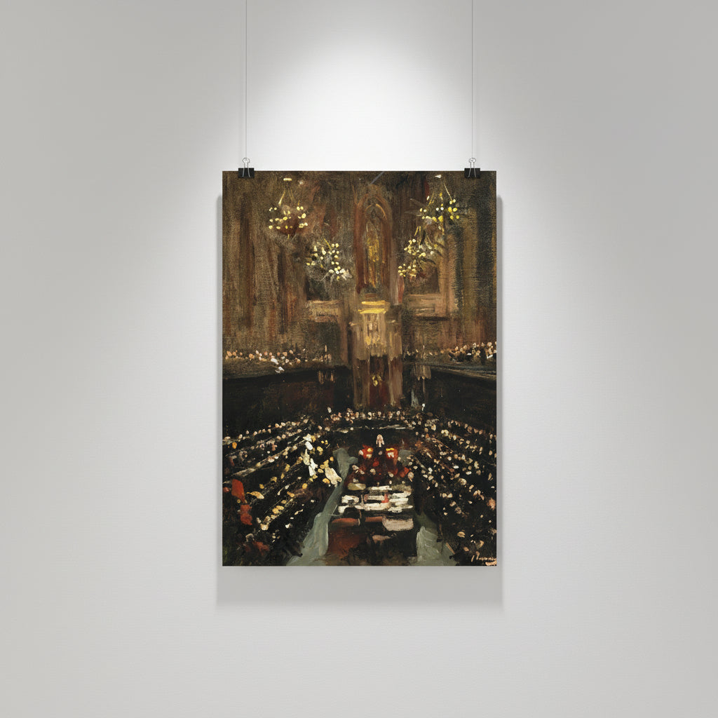 Art print unframed and held by two small metal clips on a white museum wall, dramatic overhead spotlight, paper grain visible, gallery presentation.”