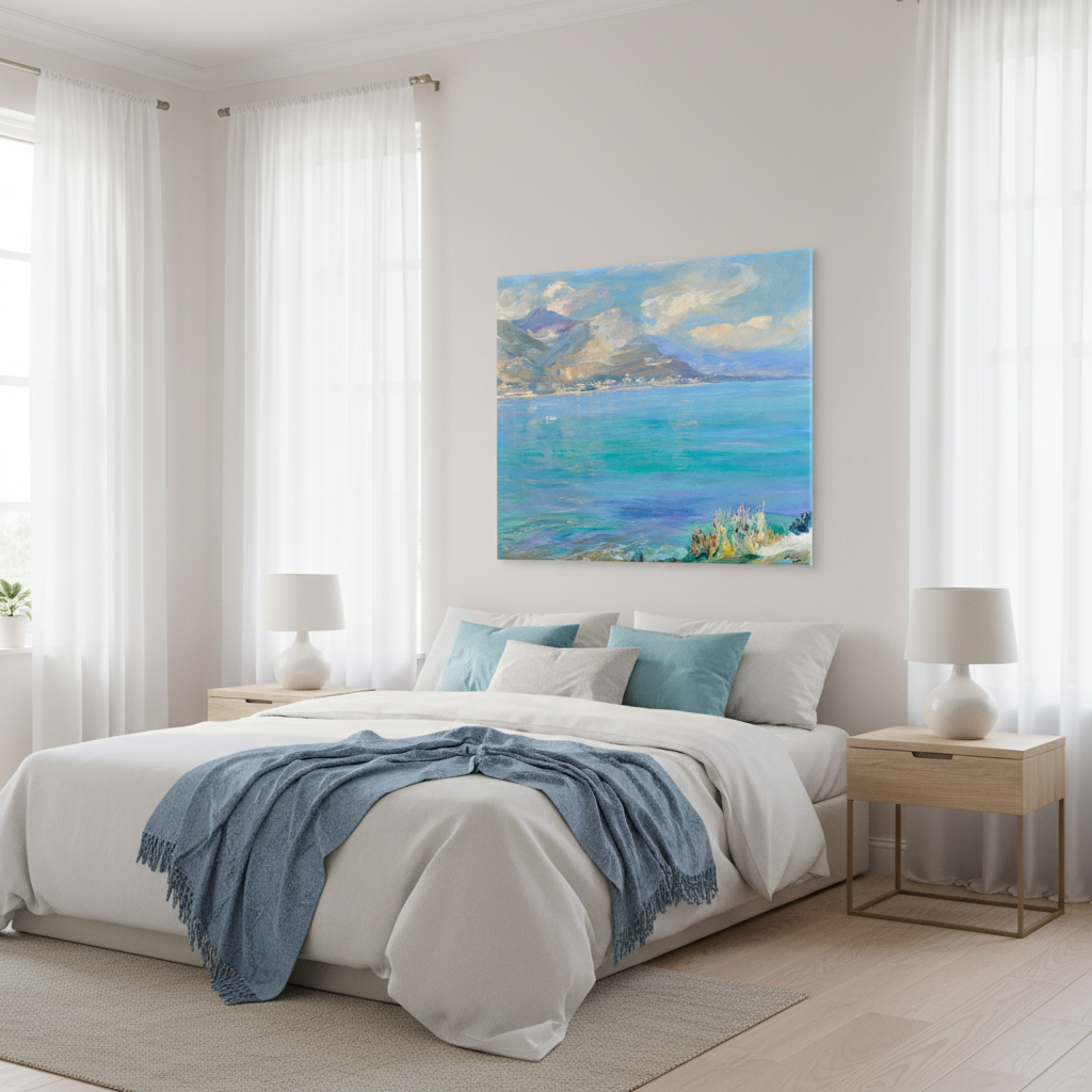 Beaulieu by Sir John Lavery canvas art print hanging above a white linen bed in a calm coastal bedroom with soft blue accents and gentle morning light.