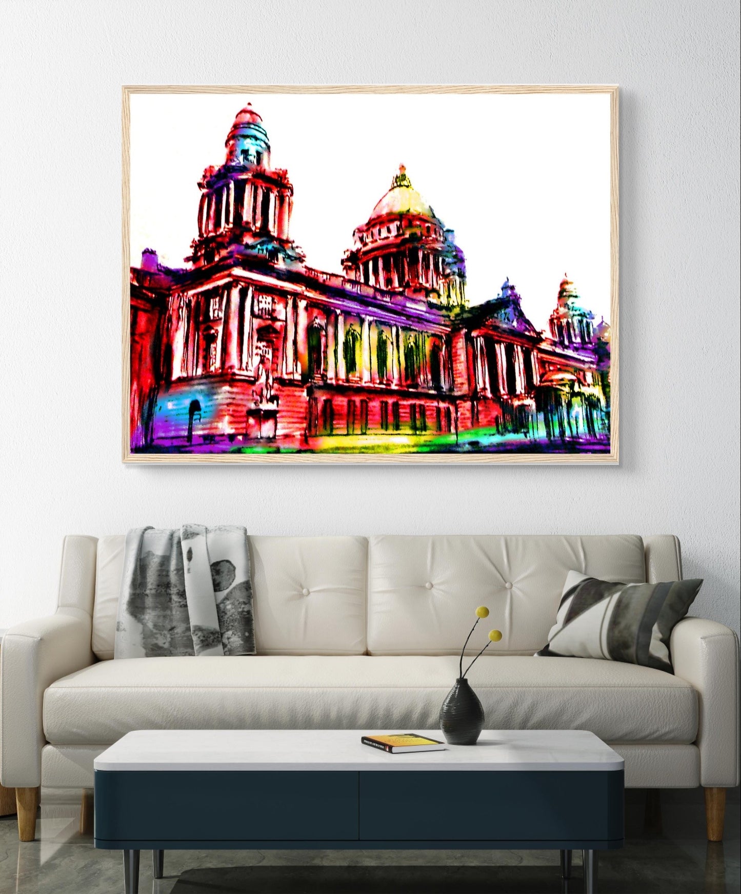 Vibrant Belfast City Hall Framed Art Print by Ó Maoláin. Colourful depiction of Belfast's iconic landmark, reflecting its dynamic spirit. Perfect for commemorating your connection to Belfast or sharing its charm. Great Wedding Gift.