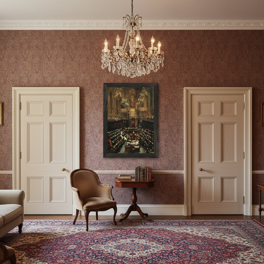 Black gallery frame around the print of Lavery’s Treaty ratification scene, displayed in a historic townhouse drawing-room with tall ash doors, period chandelier above, soft filtered daylight, rich carpeted floor, heritage interior styling, professional mock-up photography.