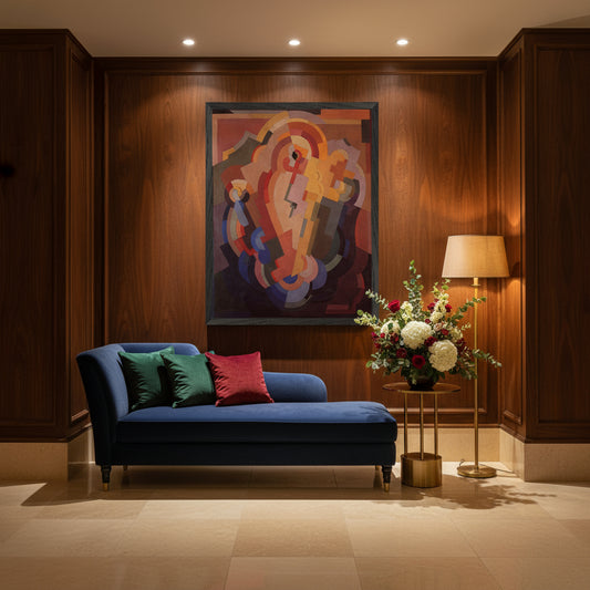 Abstract Composition artwork in boutique hotel lobby with velvet seating and warm gallery lighting.