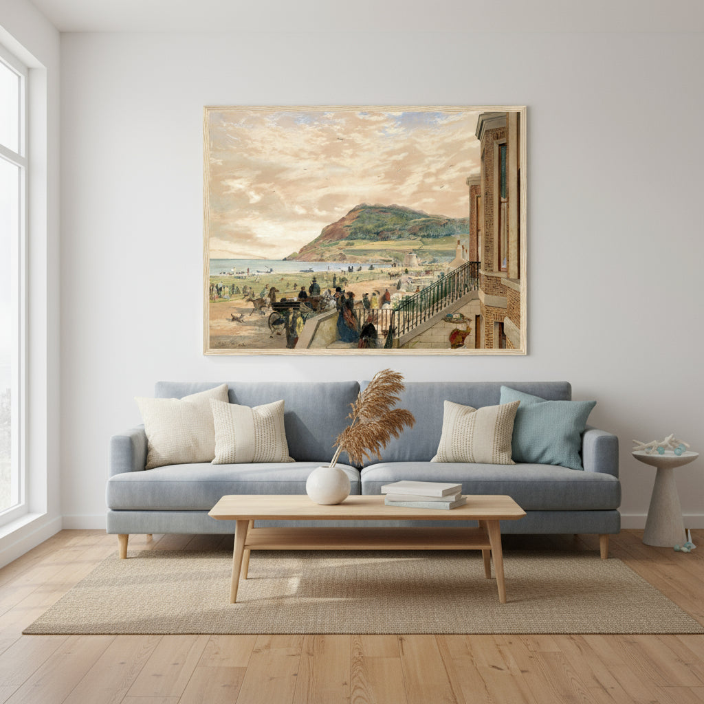 Large 60×80 cm Gallery Edition Bray seafront print centred on a white wall in a modern coastal living room with oak flooring and minimalist furniture.