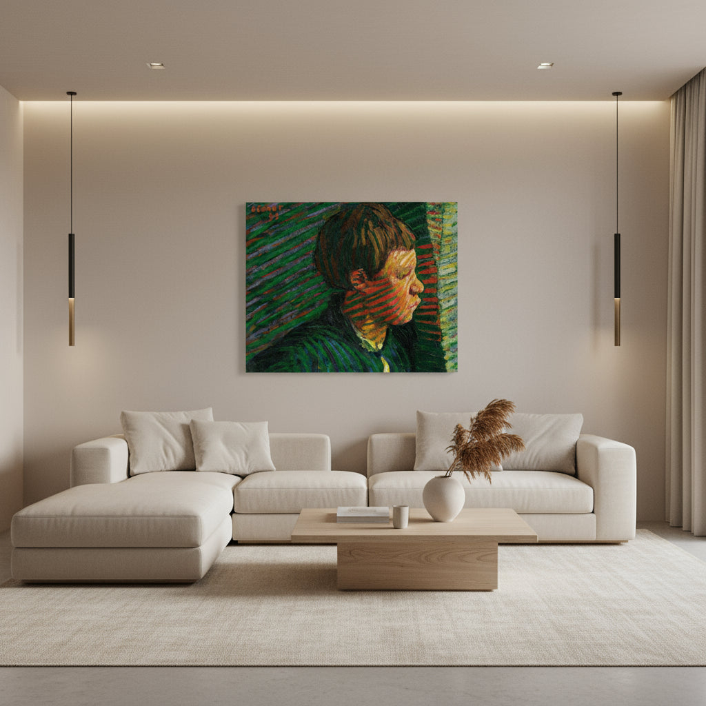 Breton Boy in Profile art print by Roderic O’Conor 40x50 cm in luxury modern living room with oak furniture and soft lighting”