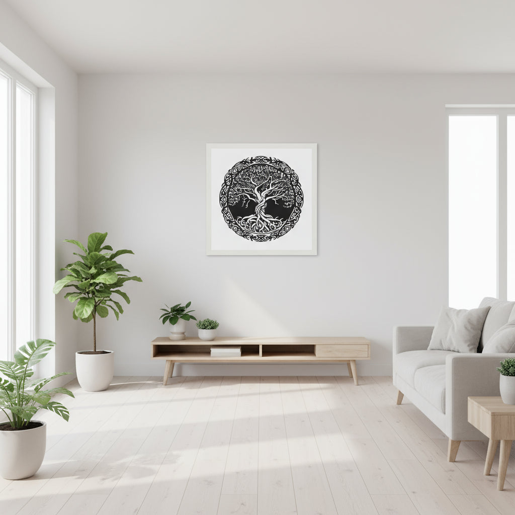 Celtic Tree of Life print in white frame hanging in airy living room with natural light, pale wooden furniture, and subtle green plants. Modern Irish home interior tone — elegant, clean, spiritual atmosphere.