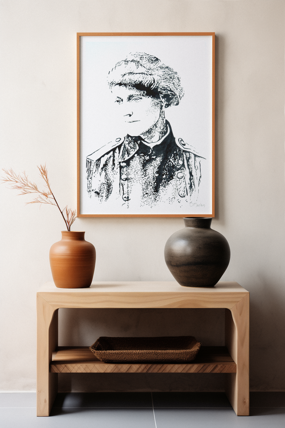 Irish art print by Ó Maoláin depicting Countess Markievicz, celebrating her courage and activism. This timeless piece blends art and history, capturing Ireland's heritage. Perfect for adding a meaningful touch to any space.