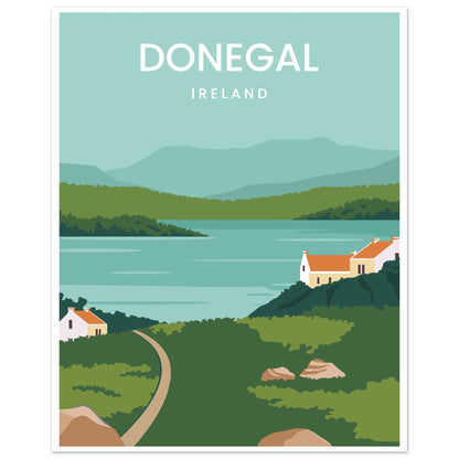 Donegal Ireland travel poster featuring minimalist landscape, cottages, lake and mountains in soft green and blue tones.