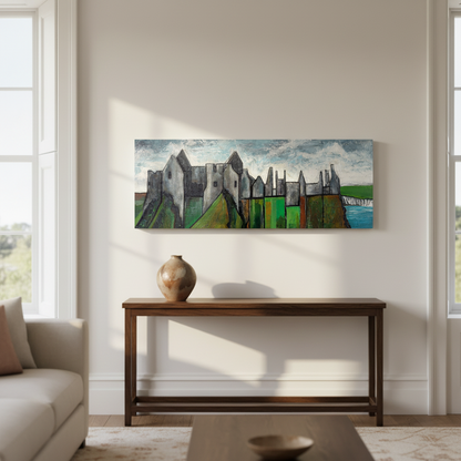 Dunluce Castle panoramic canvas print above a wooden console table in a bright room