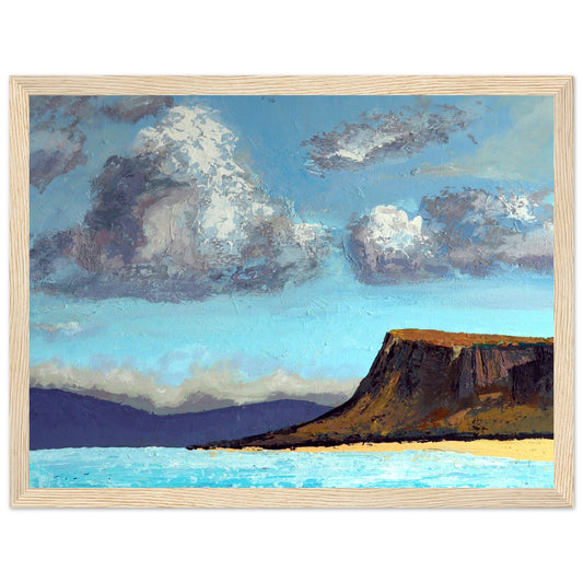 Ó Maoláin's framed art print captures Ballycastle beach, with Fair Head in the distance. Serene coastal scene, sandy shores, cliffs. County Antrim, Ireland.