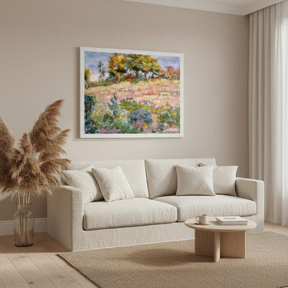 Fine art print of Landscape by Roderic O’Conor displayed in a minimalist Scandinavian living room, framed in a premium white hardwood frame, mounted on a soft beige wall, natural daylight, linen sofa, pampas grass, warm neutral palette, clean modern styling.