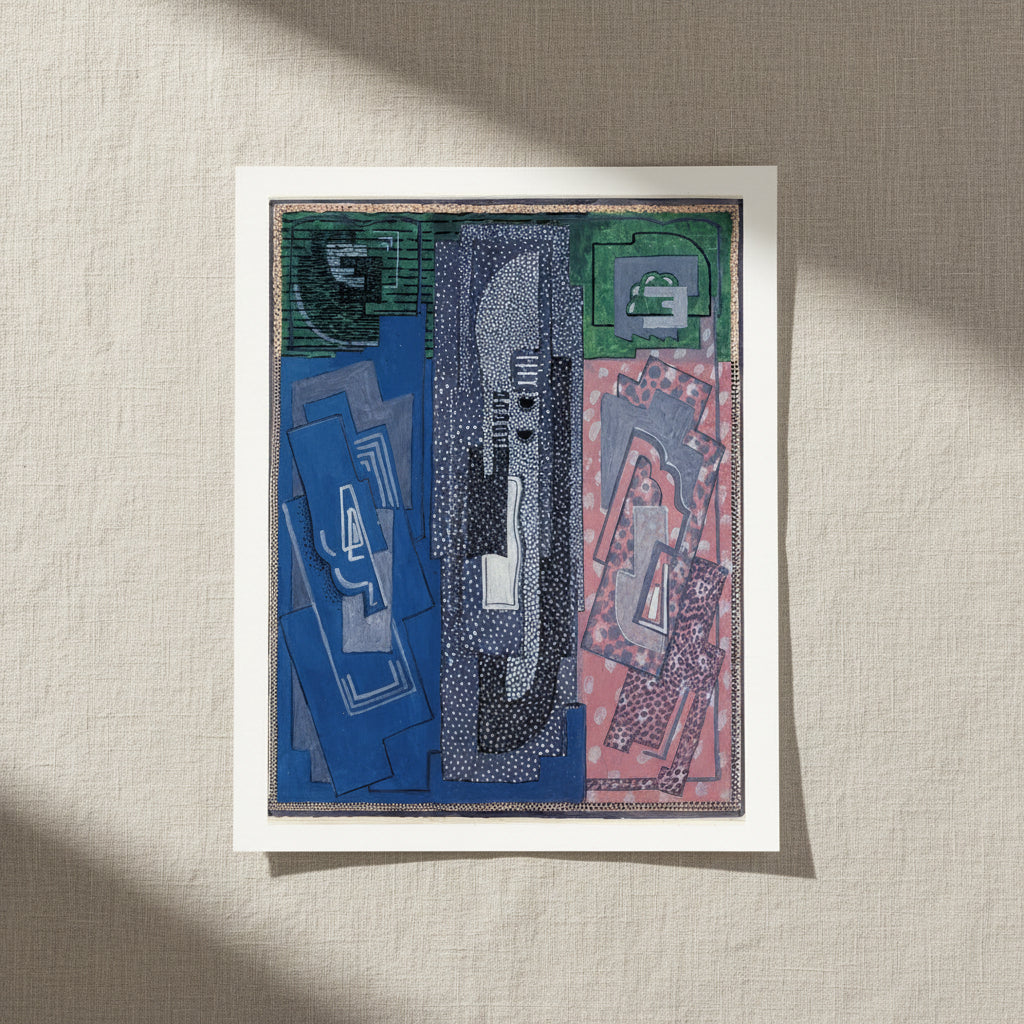 Four Element Composition by Mainie Jellett – unframed 40x50 cm Collector’s Edition print on Master’s Edition archival paper, vertical abstract artwork. 40×50 cm unframed archival print resting on light linen fabric. Soft natural daylight, gentle shadows, artisanal fine-art photography style.
