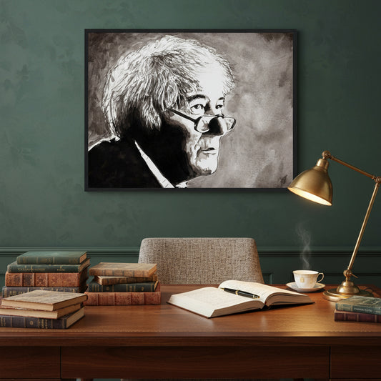 Framed Seamus Heaney portrait in black frame above a writing desk lined with books of poetry, a fountain pen, and warm lamp light. Deep green walls, refined Irish ambience.
