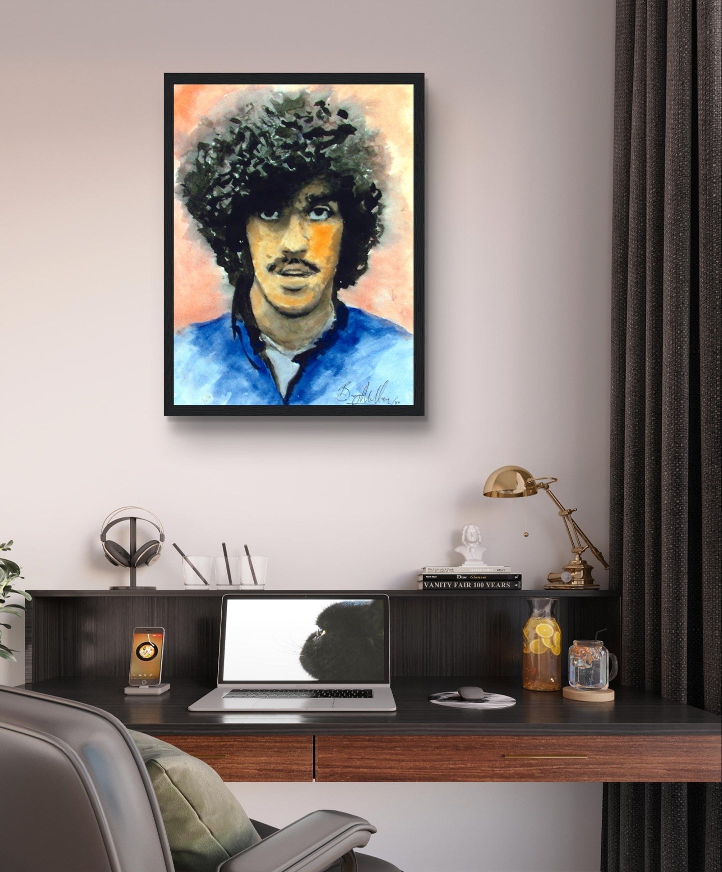 Framed art print of Phil Lynott, Thin Lizzy frontman. Detailed portrait by Irish artist, celebrating 70s and 80s heavy metal rock band. Ideal for fans of Irish art and music memorabilia.