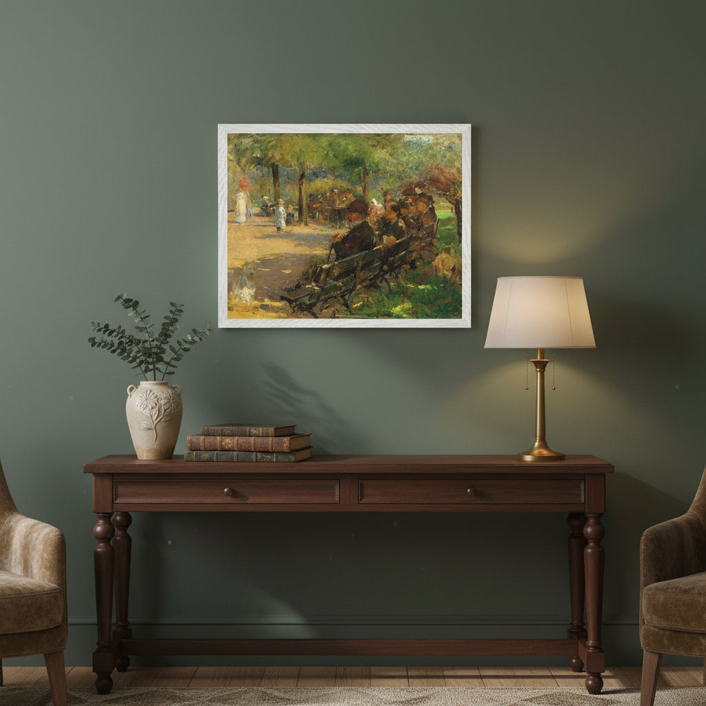 Framed 40×50 cm art print of “In St Stephen’s Green” by Walter Frederick Osborne displayed above a console table with books, a ceramic vase, and soft ambient lighting. Warm, cosy, heritage-inspired interior. Photorealistic, ultra-detailed, inviting atmosphere.