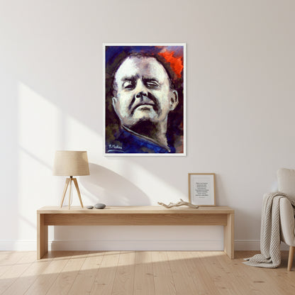 Framed Christy Moore print in white gallery frame, displayed above light oak console with linen lampshade and framed Irish lyrics, airy coastal apartment feel.