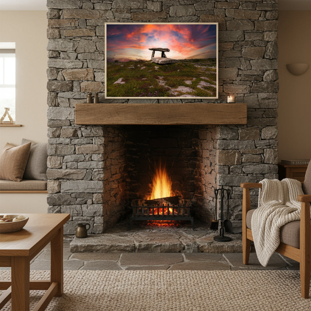 Framed Poulnabrone Dolmen print hanging above a stone fireplace in a traditional Irish cottage room, muted earth tones, wool textures, antique oak furniture.