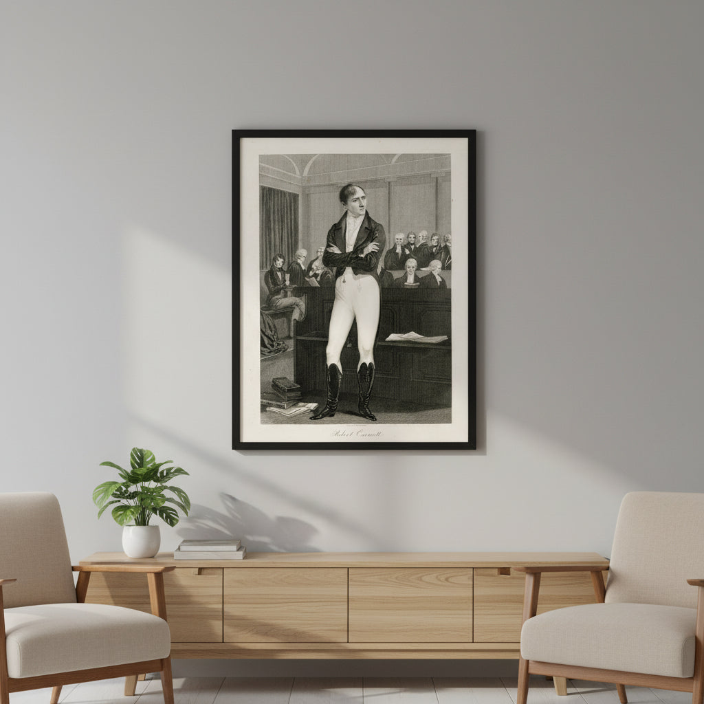 Framed Robert Emmet trial print styled in a minimalist modern home interior. Soft grey wall, black wood frame, clean furniture lines, a hint of greenery from a potted plant. Gentle side lighting highlights the engraving detail — luxury lifestyle photography aesthetic.