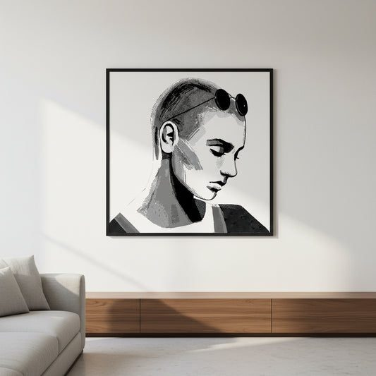 Framed art print of Sinéad O’Connor in a sleek black wooden frame, hanging in a minimalist modern living room with soft natural light, clean white walls, subtle shadows, premium gallery photography, high-end editorial style.”