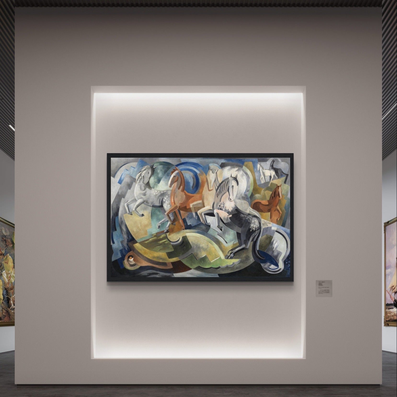 Framed print of 'Achill Horses' by Mainie Jellett hanging on a modern art gallery wall in Ireland, showcasing abstract Irish landscape in Cubist style.