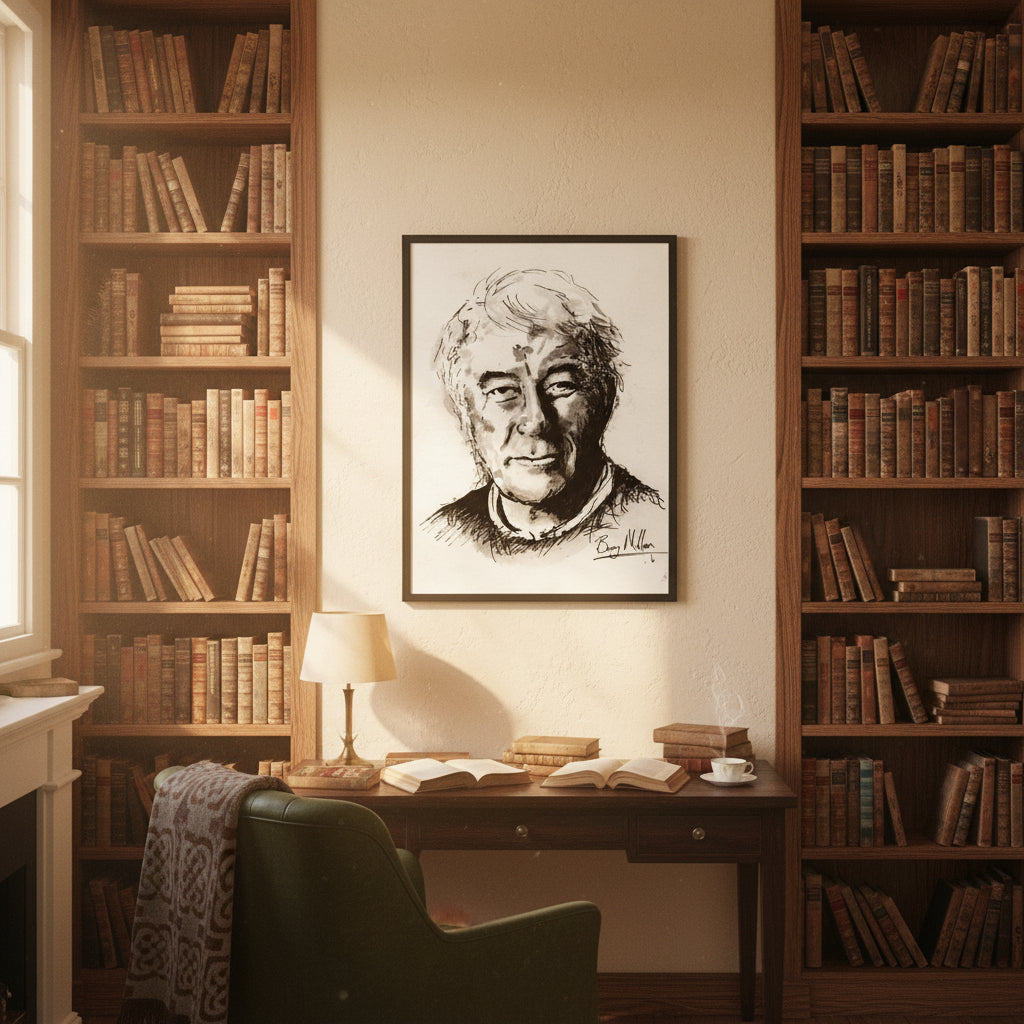 Framed wall art of a monochrome portrait of Seamus Heaney in a black wood frame, hung in a warm literary study with oak shelves, scattered poetry books, soft window light, Irish heritage aesthetic, museum-quality presentation.
