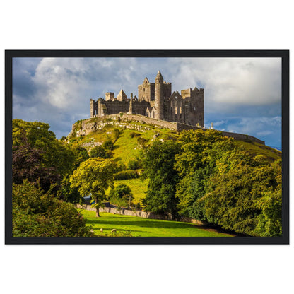Framed wall art print of the Rock of Cashel on a hill under a cloudy sky in County Tipperary, Ireland