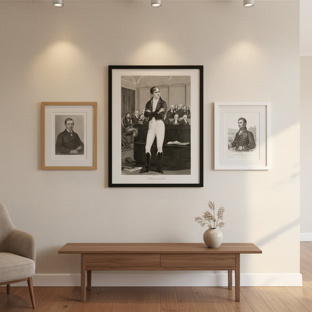 Gallery-style arrangement showing framed Irish history prints including Robert Emmet, Wolfe Tone, and Patrick Pearse. Mixed frame finishes (black, white, oak) on a linen-textured wall, balanced composition, elegant ambient lighting, collector’s apartment setting.