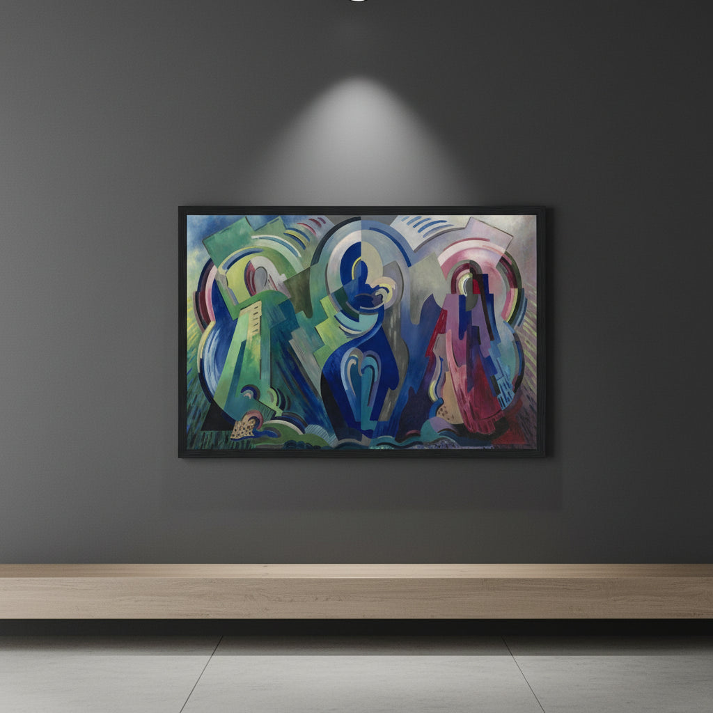 Gallery Edition print of The Virgin of Éire by Mainie Jellett in slim black frame, mounted on deep charcoal grey wall, subtle spotlight from above, minimalist modern home interior, high-detail 4K photorealism.
