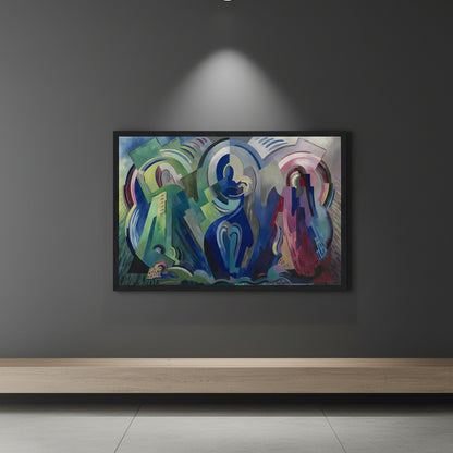 Gallery Edition print of The Virgin of Éire by Mainie Jellett in slim black frame, mounted on deep charcoal grey wall, subtle spotlight from above, minimalist modern home interior, high-detail 4K photorealism.
