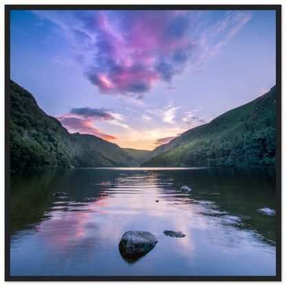 Framed wall art print of Glendalough Valley, featuring the Upper Lake at dusk with serene sky reflections, in a black frame 70x70 cm / 28x28″ /
