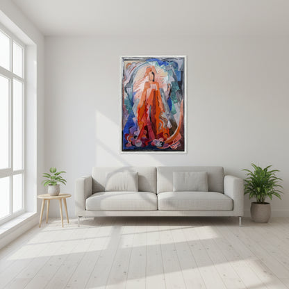 I Have Trodden the Winepress Alone – Mainie Jellett Collector’s Print, Mainie Jellett abstract religious painting in elegant white wooden frame,
bright minimalist Scandinavian living room, clean white walls, natural
daylight, soft shadows, premium editorial style
