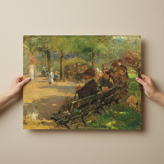 In St Stephen’s Green Dublin by Irish Artist Walter Frederick Osborne Art Print 
Unframed 40×50 cm print held by two hands at the edges against a neutral wall. Clean nails, no distractions, emphasis on scale and museum-paper texture. Editorial and photorealistic.