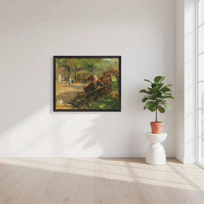 A museum-quality framed art print hanging in a bright, elegant Scandinavian interior. White walls, soft natural daylight, oak flooring, minimal furniture. The artwork is “In St Stephen’s Green” by Walter Frederick Osborne, 40×50 cm, shown in a premium hardwood frame. Ultra-high-resolution, photorealistic, no reflections, crisp details, true-to-life colours. Luxury gallery aesthetic.