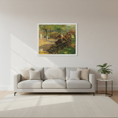 In St Stephen’s Green (c.1895) – Walter Frederick Osborne Collector’s Edition Fine Art Print (40×50 cm / 16×20″), Painting of a park scene with people sitting on a bench and walking around.