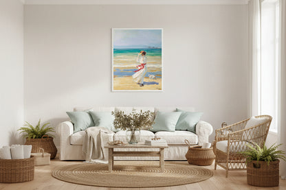 Bright coastal sitting room, limewashed walls, linen sofa, woven textures, sea-glass palette accents, white frame 40x50cm art print, 