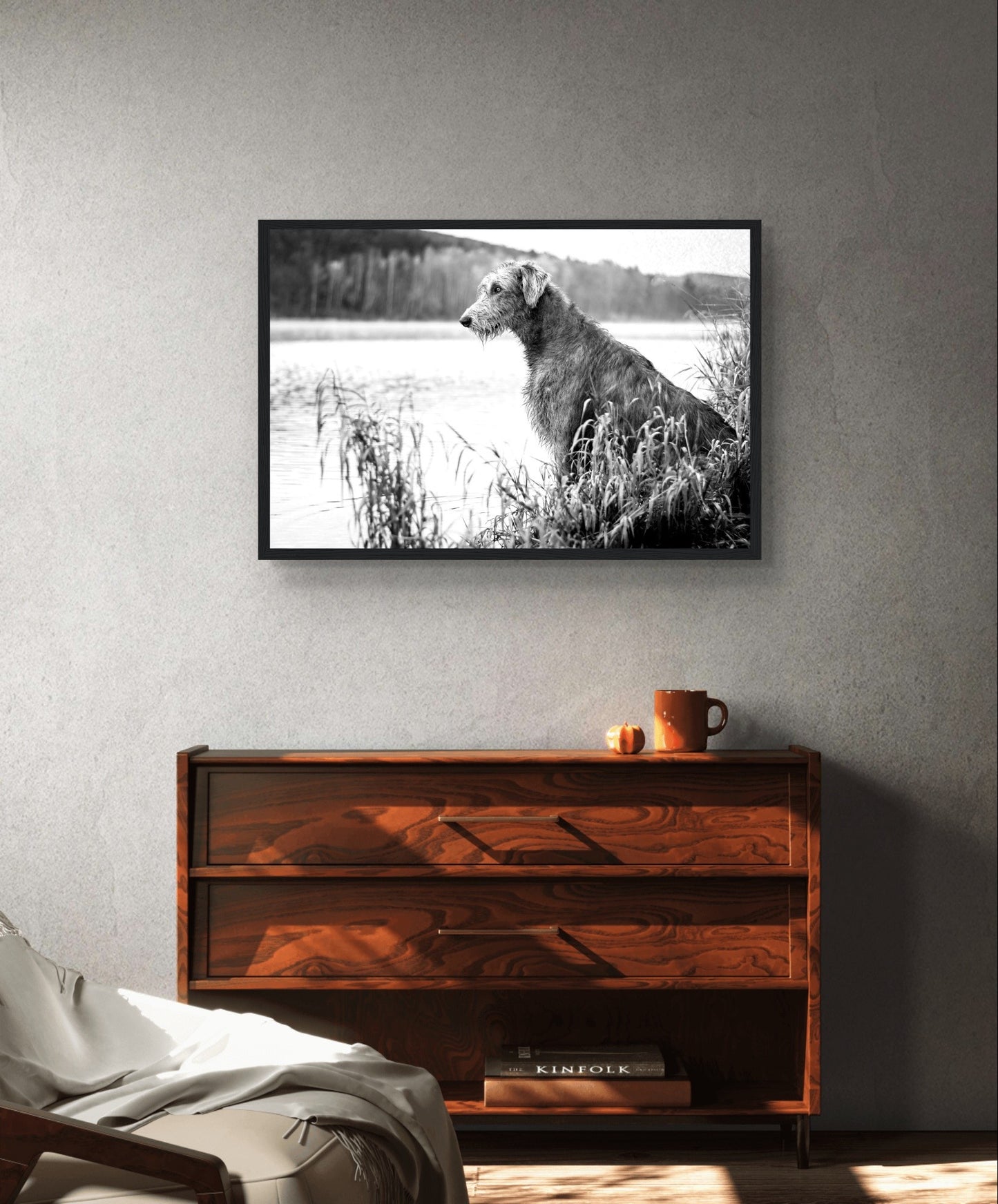 Artistic portrayal of an Irish Wolfhound, a symbol of Ireland's history and folklore. Noble stance and strength captured in framed print. Ideal for dog lovers and admirers of Irish heritage.