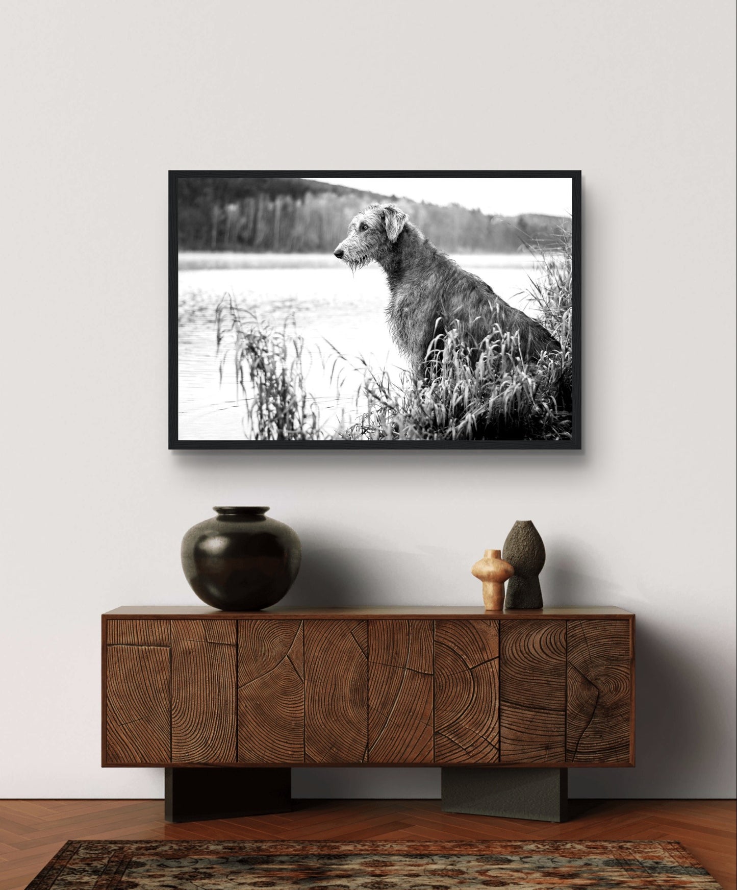 Stunning framed print featuring an Irish Wolfhound, capturing its noble stature & strength. A timeless addition celebrating Ireland's rich heritage & the beauty of these iconic dogs.