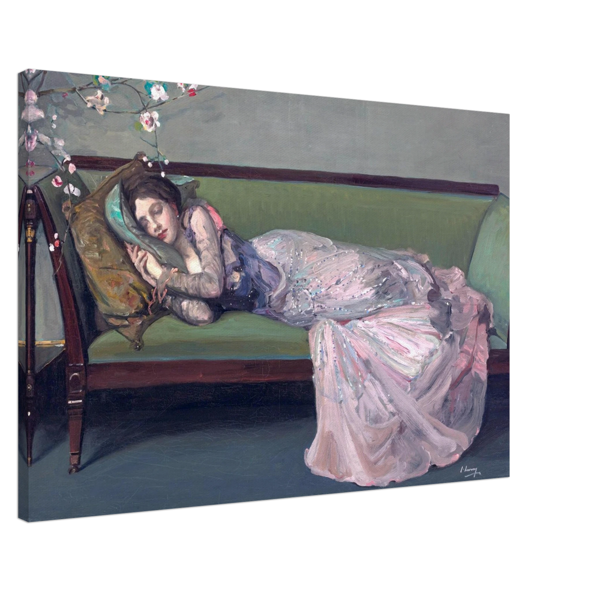 Painting by Irish Artist Sir John Lavery of a woman in a flowing dress lying on a green couch with decorative elements.