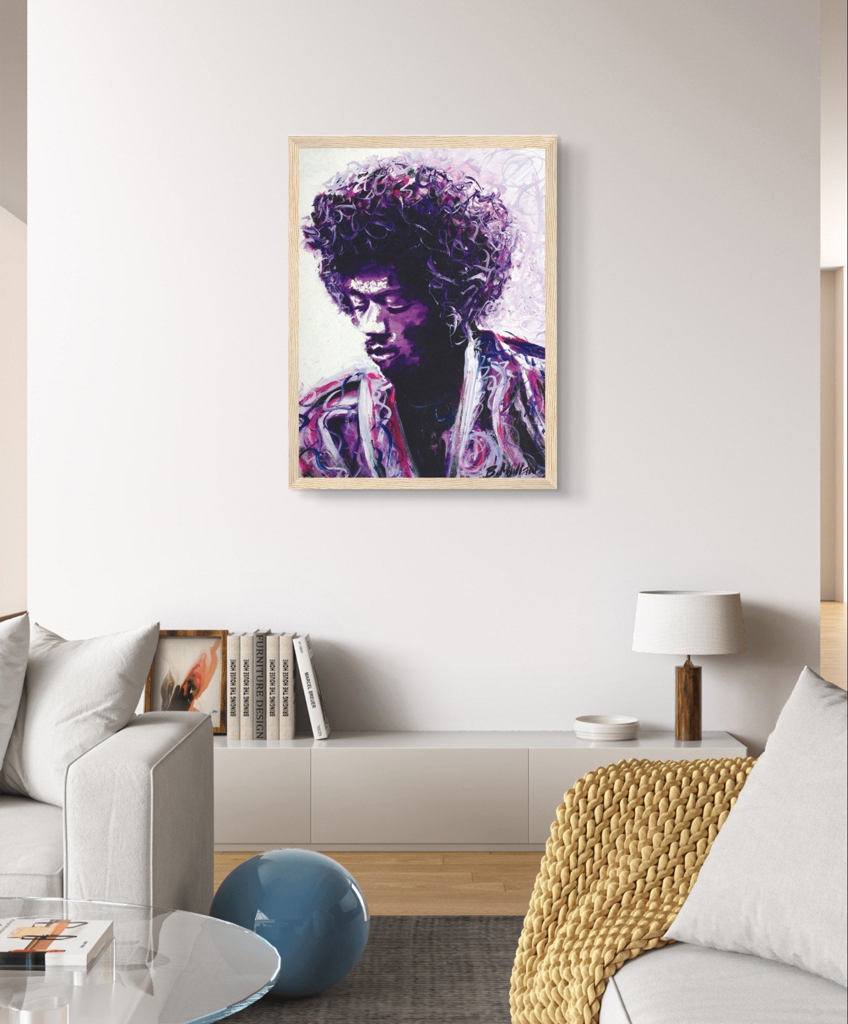 Framed art print of Jimi Hendrix, inspired by 'Purple Haze,' featuring purple, navy blue, and rose gold hues. Captures his iconic presence and musical genius. Perfect for fans and home decor enthusiasts.